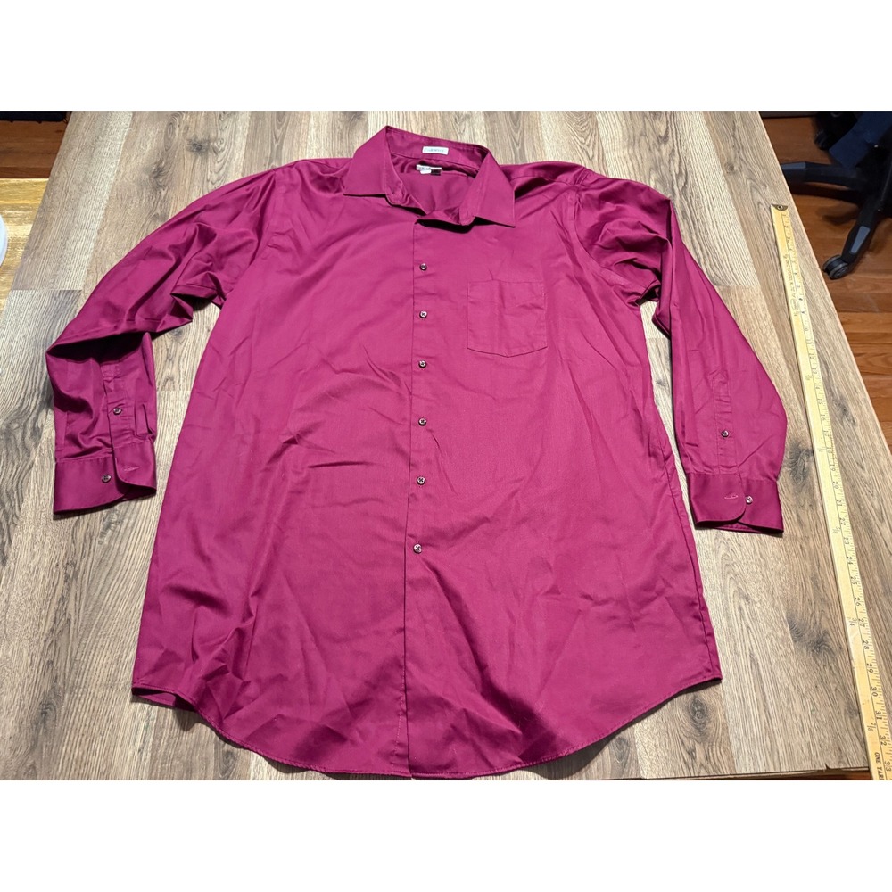 Van Heusen Shirt Mens Size 18 35/36 Burgundy Button Down Tall No Iron Lux Sateen